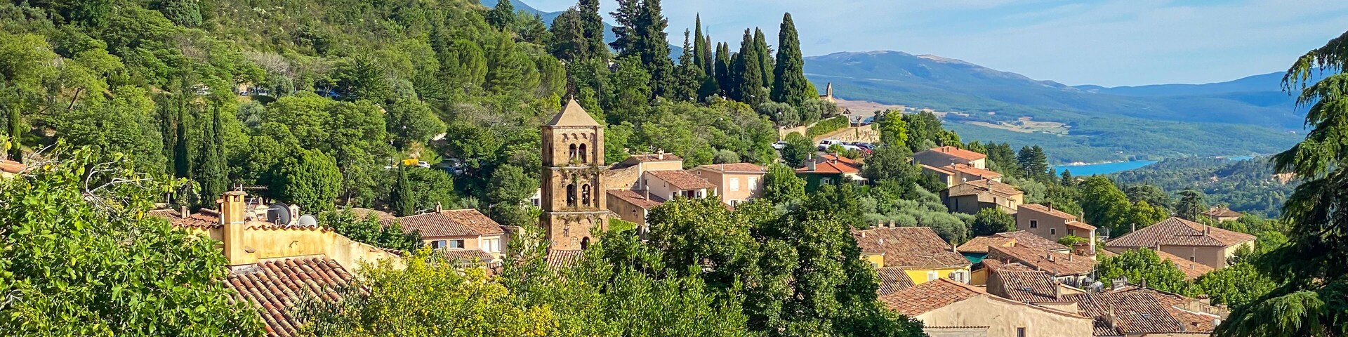 Panoramic view of the village of Moustiers Sainte Marie in the Verdon valley, France