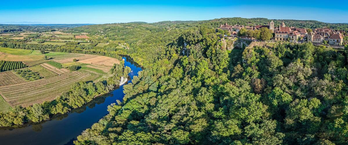 Aerial view of the Village of Domme on the Dordogne River - One of The Most Beautiful Villages of France