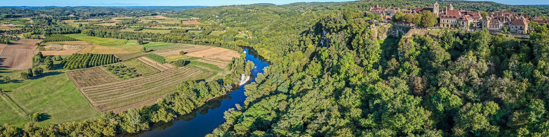 Aerial view of the Village of Domme on the Dordogne River - One of The Most Beautiful Villages of France