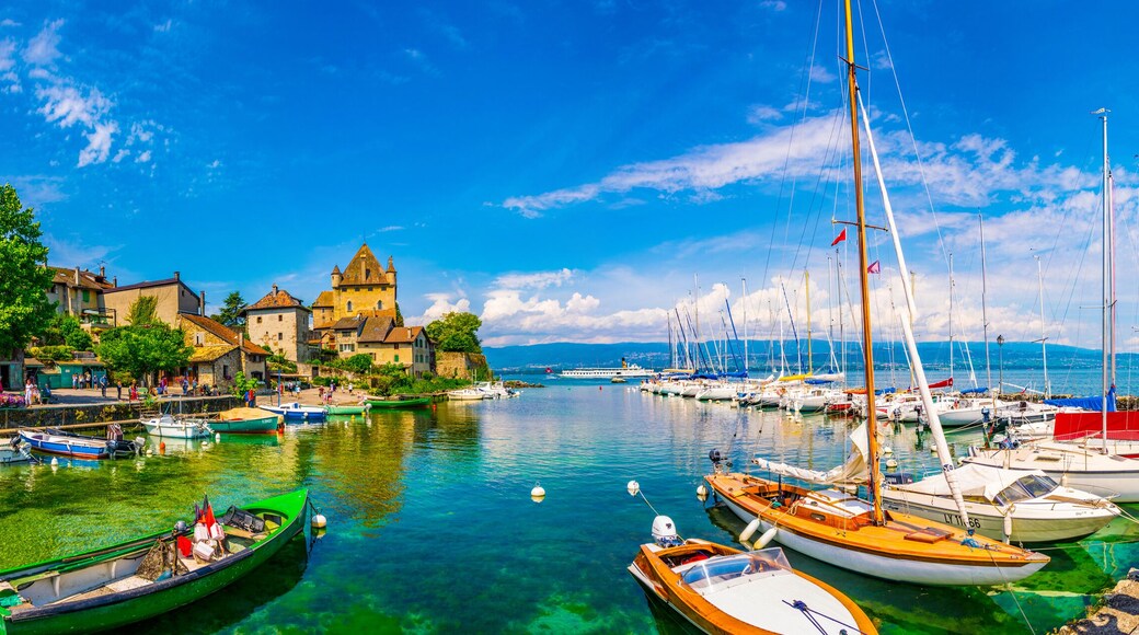 YVOIRE, FRANCE, JULY 21, 2017: Lakeside view of Castle in French city Yvoire