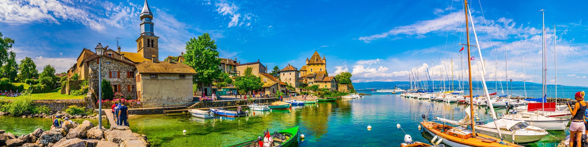 YVOIRE, FRANCE, JULY 21, 2017: Lakeside view of Castle in French city Yvoire