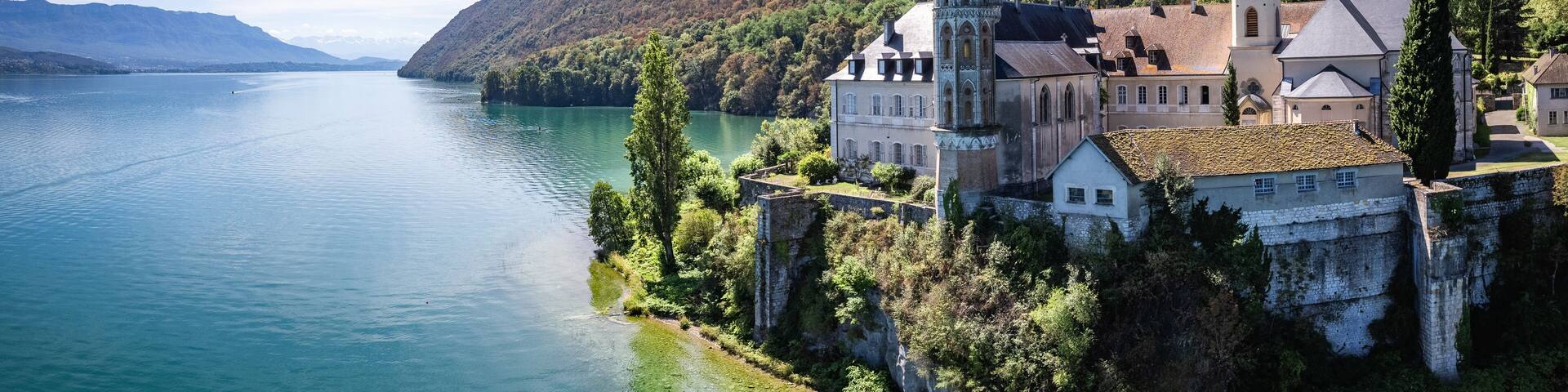 Aerial view of Abbey of Hautecombe, or Abbaye d'Hautecombe, in Savoie, France