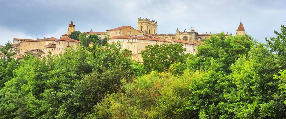 Summer city landscape, banner - view of the town of Auch, in the historical province Gascony, the region of Occitanie of southwestern France