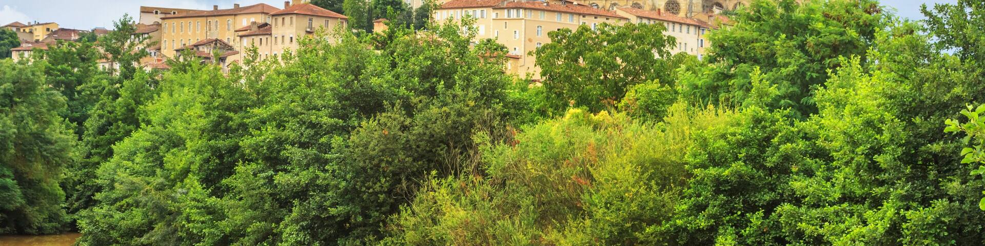 Summer city landscape, banner - view of the town of Auch, in the historical province Gascony, the region of Occitanie of southwestern France