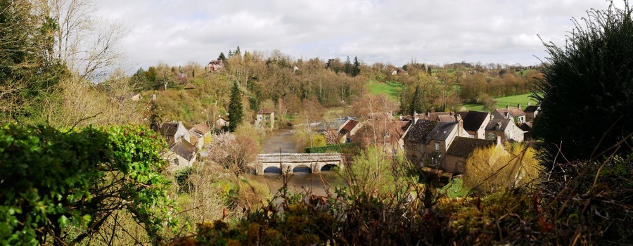 Bridge over the Sarthe river at Saint-Céneri-le-Gérei in the Orne Alpes region Mancelles panoramic photo France Europe