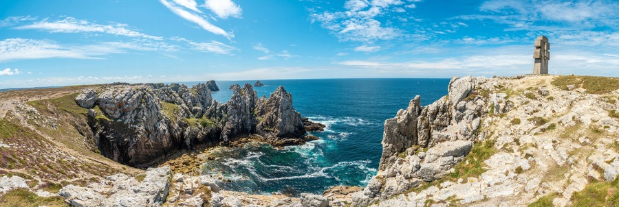 Panoramic in summer on the coast at Pen Hir Point on the Crozon Peninsula in French Brittany, the three famous islets, France