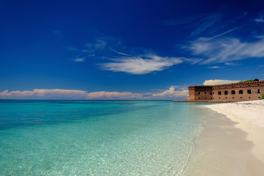 The crystal clear waters of the Gulf of Mexico surround Civil War Historic Fort Jefferson in the Dry Tortugas