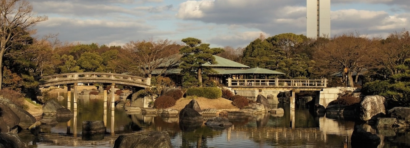 Japanese garden pond at Daisen Park in Sakai.