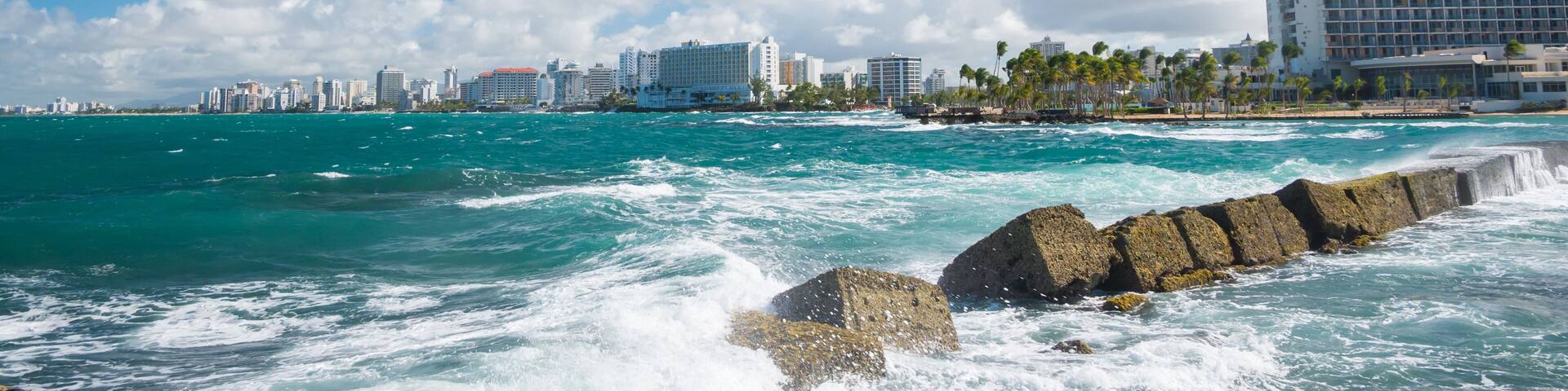 The Atlantic Ocean and waves on a beautiful hot, sunny and windy day. San Juan, Puerto Rico