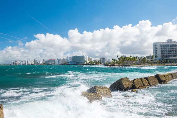 The Atlantic Ocean and waves on a beautiful hot, sunny and windy day. San Juan, Puerto Rico