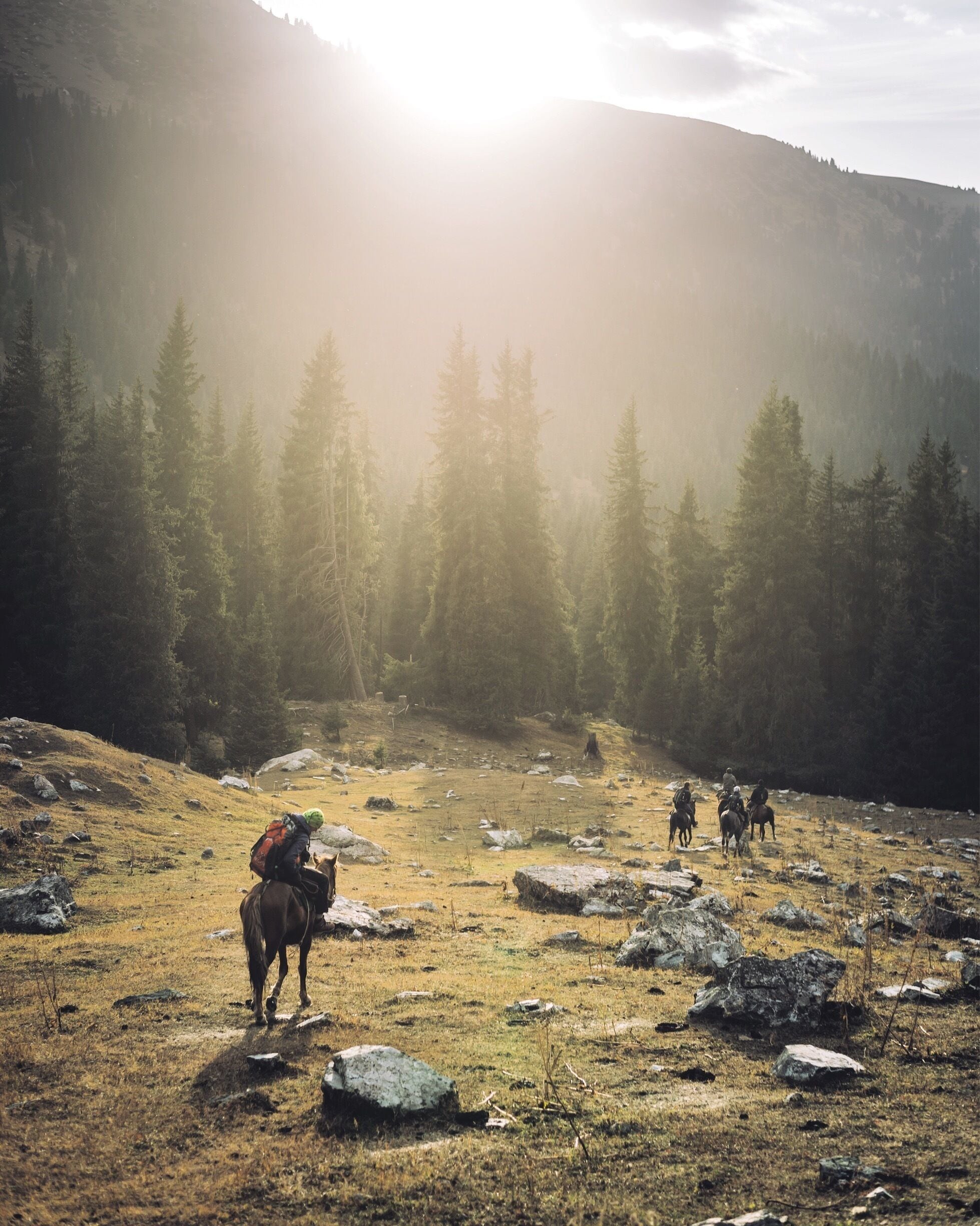 A mountainous landscape with a group of hikers on horseback.