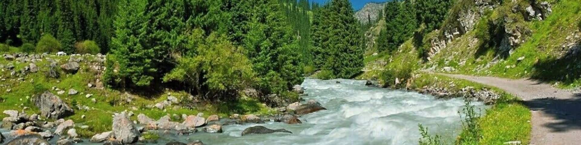 August 2013
Arashan river, Terskey Alatau, Tian Shan mountains, Kyrgyzstan
Arashan river in the valley of Terskey Alatau range of Tian Shan mountains few kilometres south of the Ak-su village. This is the final part of the popular trek over Karakol valley and Alakol Lake (eg. from Djety Oguz). Altitude ca. 2.000 meters.