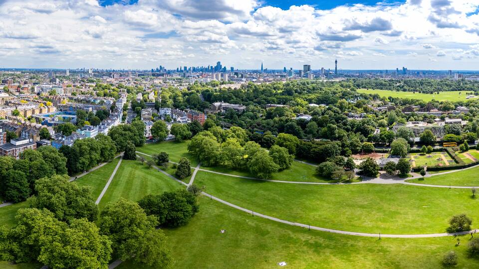 A cityscape with a large park, historic buildings, and a distant skyline.