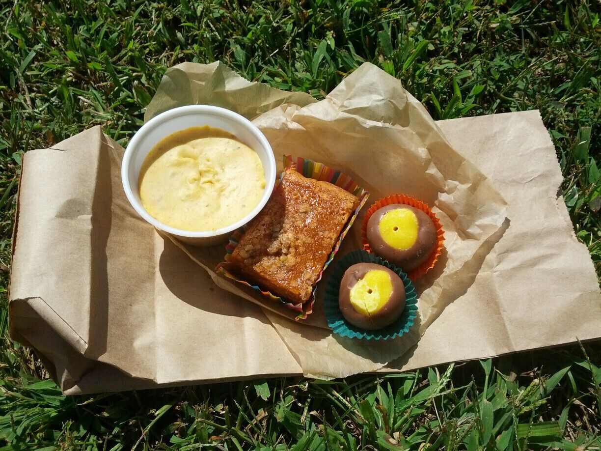 A delectable menagerie of pawpaw infused desserts; pawpaw fudge, a pumpkin and pawpaw bar and it wouldn't be Ohio without a peanut butter/chocolate buckeye this time amped up with pawpaw pulp. 