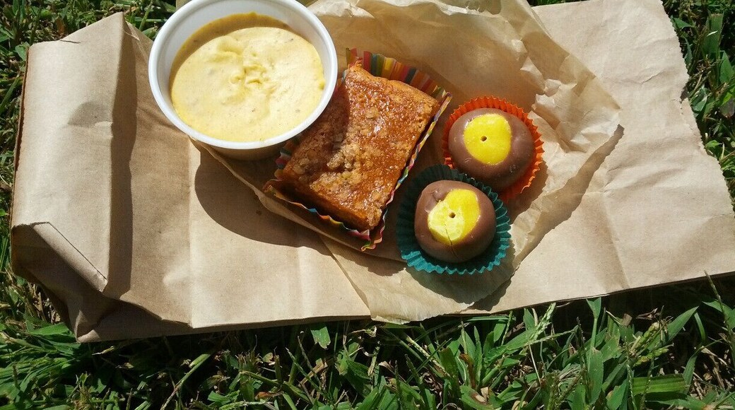 A delectable menagerie of pawpaw infused desserts; pawpaw fudge, a pumpkin and pawpaw bar and it wouldn't be Ohio without a peanut butter/chocolate buckeye this time amped up with pawpaw pulp.