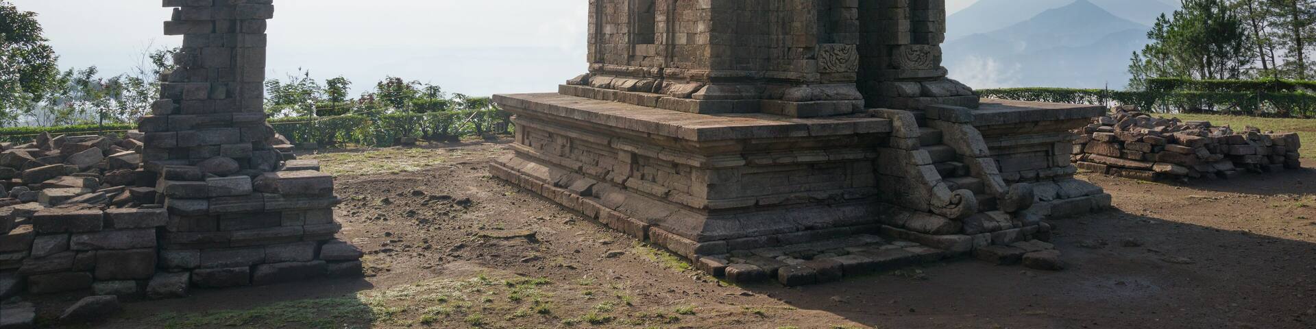 Candi Gedong Songo at sunrise. A 9th-century Buddhist temple complex on a volcano near Semarang, Java, Indonesia.