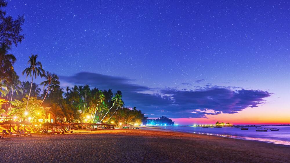 A beach at night with palm trees, beach umbrellas, and a distant city skyline.