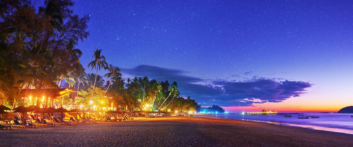 A beach at night with palm trees, beach umbrellas, and a distant city skyline.