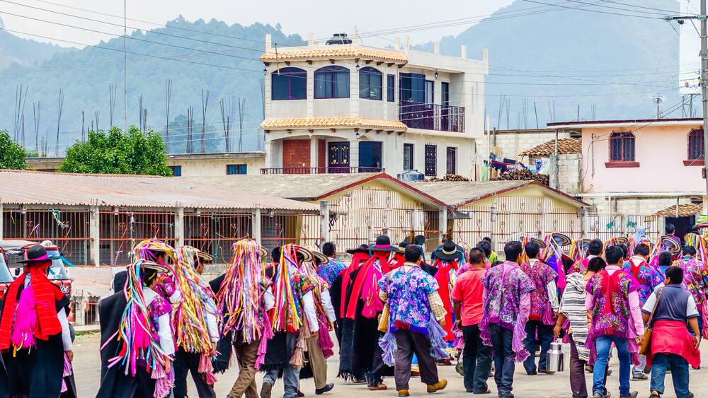 View on Traditional Maya Procession in Zinacantan by San Cristobal de las Casas in Mexico