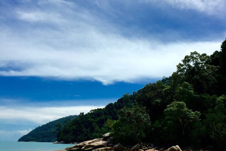 A beach with clear water, sandy shore, and a forested hill.
