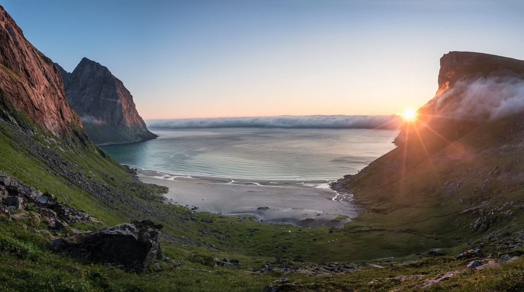 Scenic view from Kvalvika beach, Lofoten, Norway at summer night