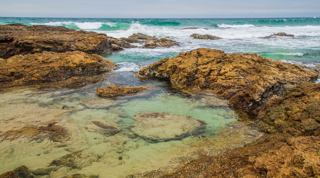 Oxley Beach showing rugged coastline and general coastal views