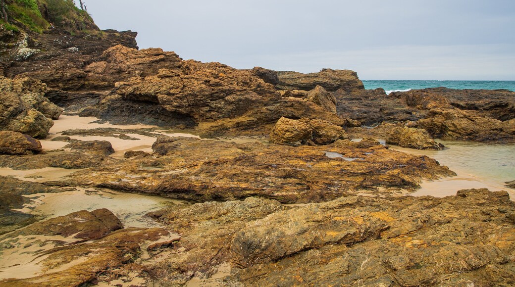Oxley Beach showing a sandy beach, general coastal views and rocky coastline