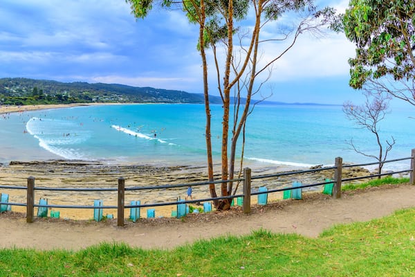 A wide panoramic view of the beach at Lorne, Victoria, Australia