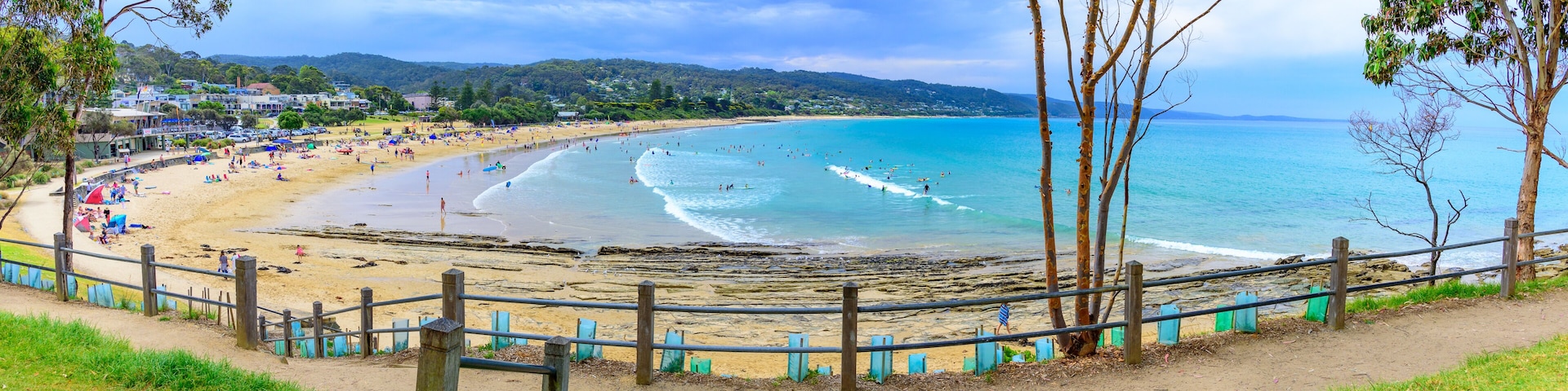 A wide panoramic view of the beach at Lorne, Victoria, Australia