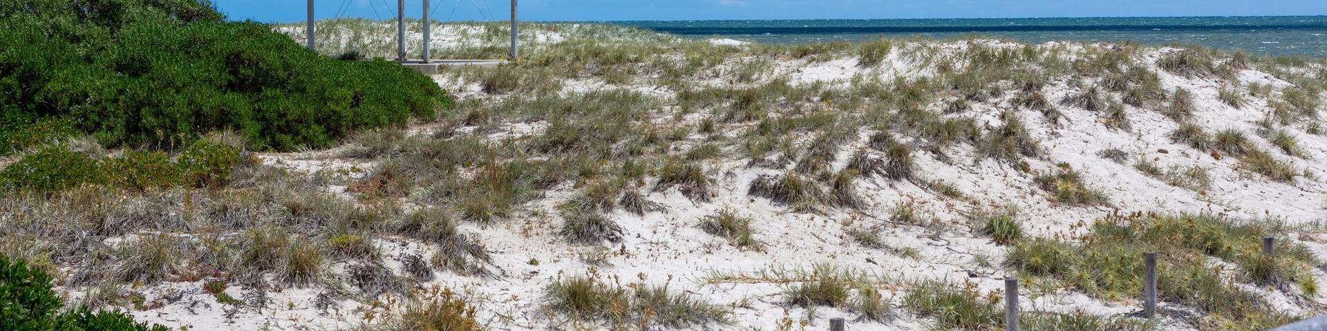A beach lookout tower with a yellow roof, surrounded by sand dunes and sparse vegetation.