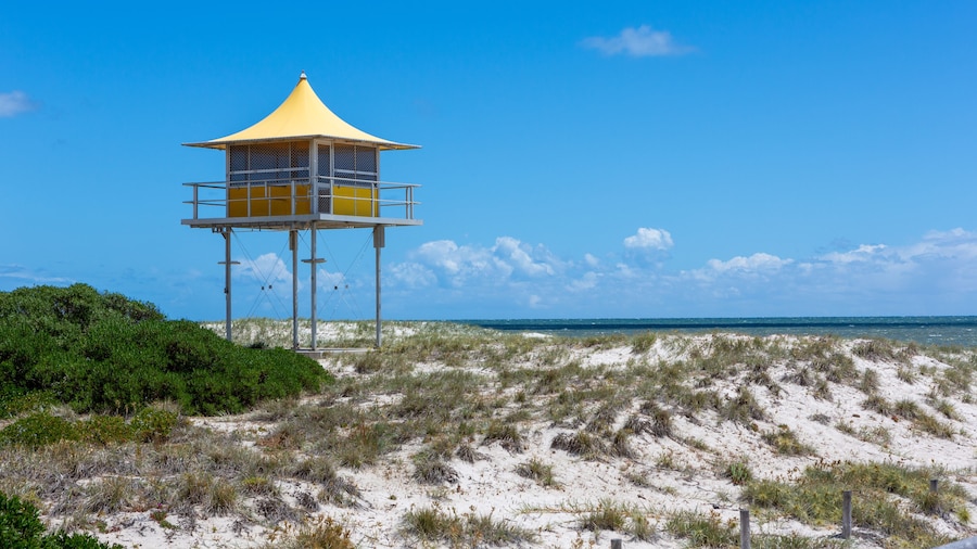 The iconic yellow lifeguard tower at Semaphore with blue skies and fluffy clouds at Semaphore South Australia on 7th November 2018