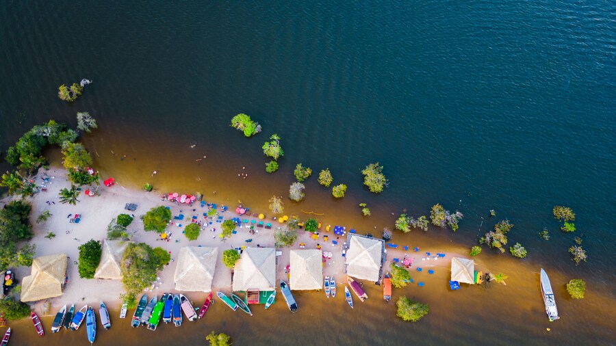 Aerial Drone Landscape in Alter Do Chao Brazil Santarem Ilha do Amor Love Island in Tapajos River Tropical Beach