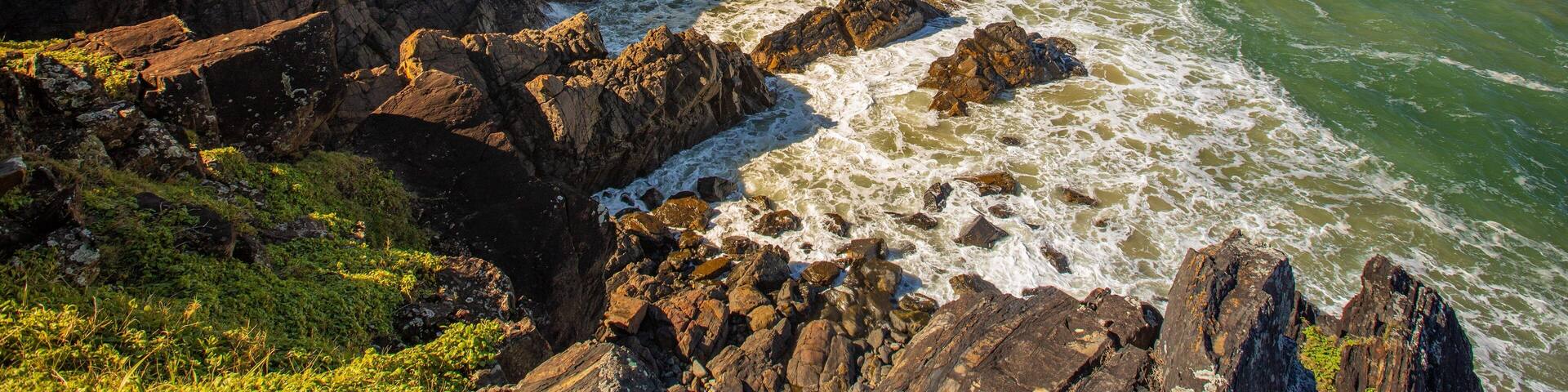 Una costa rocosa con olas rompiendo contra las rocas.