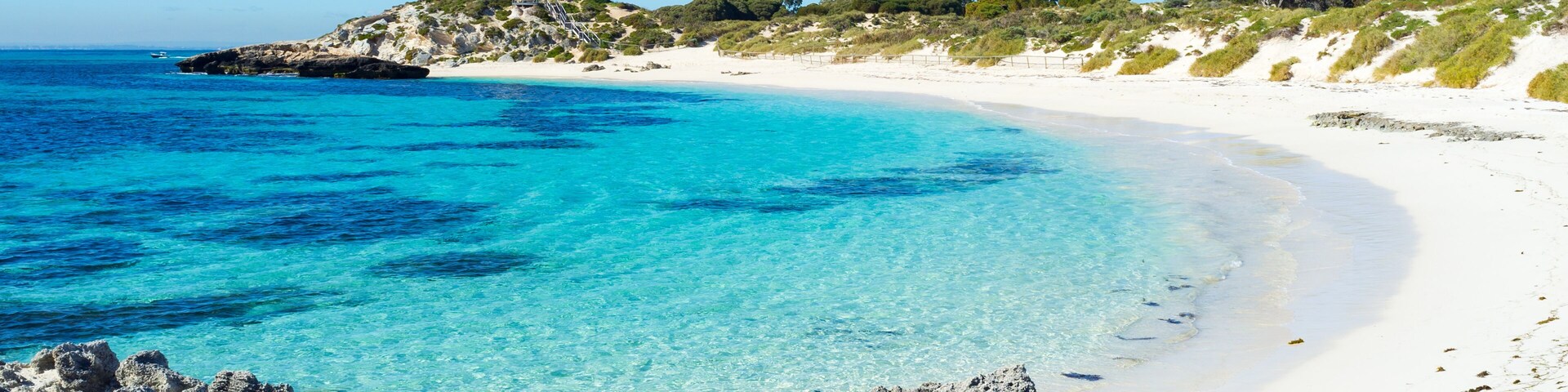 Summer day at Pinky Beach and the Bathurst Lighthouse on Rottnest Island, Perth, Western Australia, Australia.