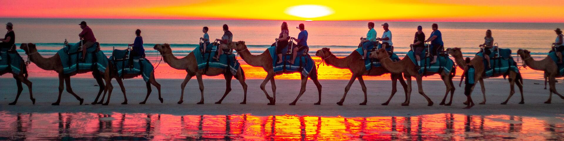 A sunset over the ocean with camels and riders silhouetted against the sky.