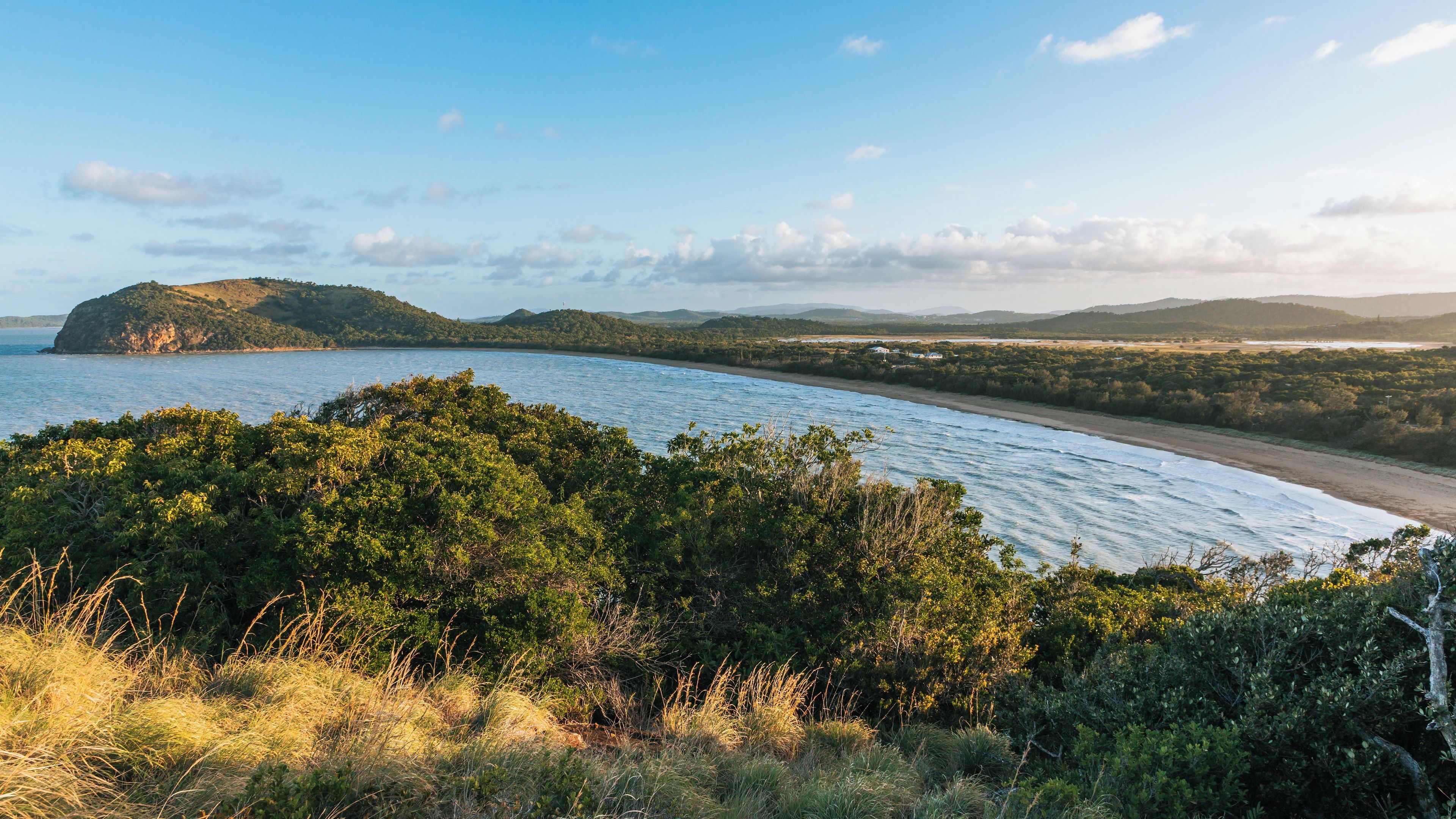 Paesaggio costiero con spiaggia, vegetazione fitta e colline in lontananza.