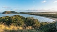 A coastal landscape with a beach, dense greenery, and distant hills.