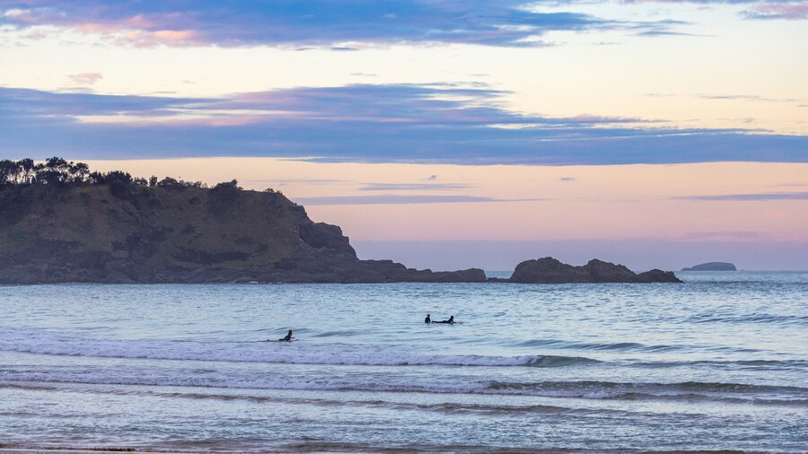 Little Diggers Beach featuring surfing, general coastal views and a sunset