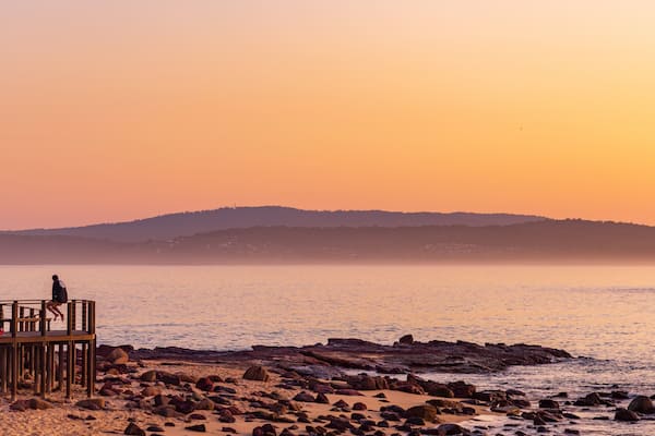 Bar Beach which includes a sandy beach, general coastal views and a sunset