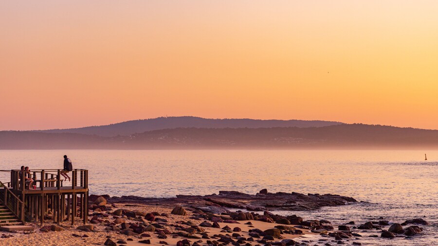 Bar Beach which includes a sandy beach, general coastal views and a sunset