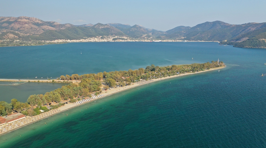 Aerial drone photo of beautiful long sandy organised beach of Drepano in area of Igoumenitsa, Epirus, Greece