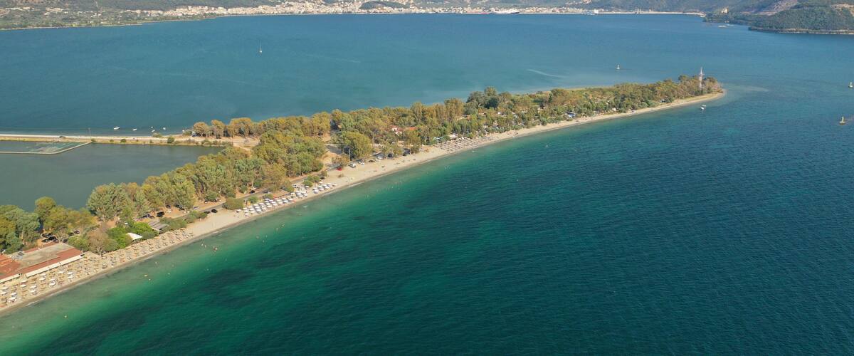 Aerial drone photo of beautiful long sandy organised beach of Drepano in area of Igoumenitsa, Epirus, Greece