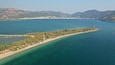 Aerial drone photo of beautiful long sandy organised beach of Drepano in area of Igoumenitsa, Epirus, Greece