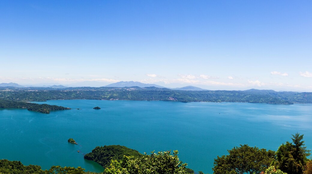 Panoramic Landscape of Lake Surrounded by Lush Green Forest and Mountains. Ilopango Lake, El SAlvador