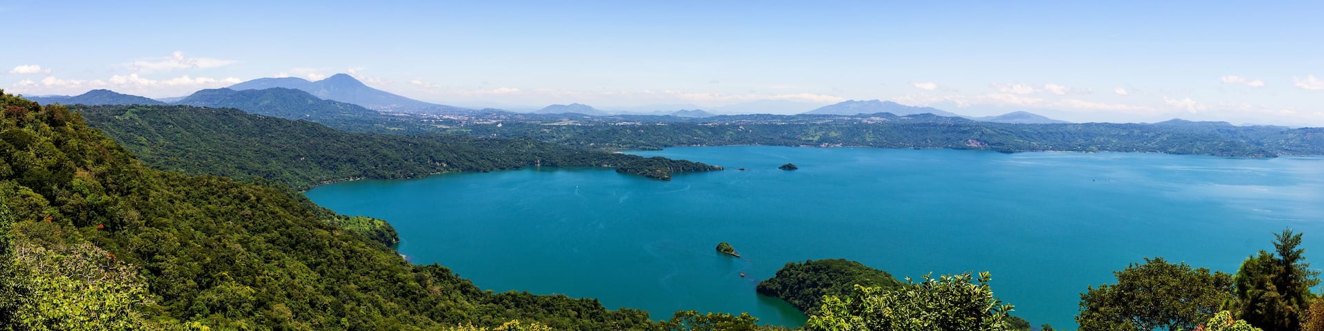 Panoramic Landscape of Lake Surrounded by Lush Green Forest and Mountains. Ilopango Lake, El SAlvador