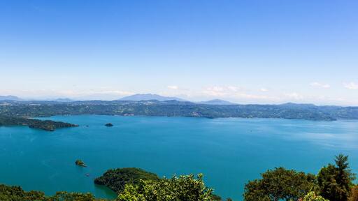 Panoramic Landscape of Lake Surrounded by Lush Green Forest and Mountains. Ilopango Lake, El SAlvador