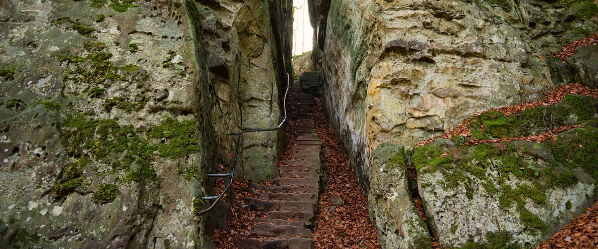 Devil Gorge at the Eifel, Teufelsschlucht with mighty boulders and canyon, hiking trail in Germany, sandstone rock formation, autumn