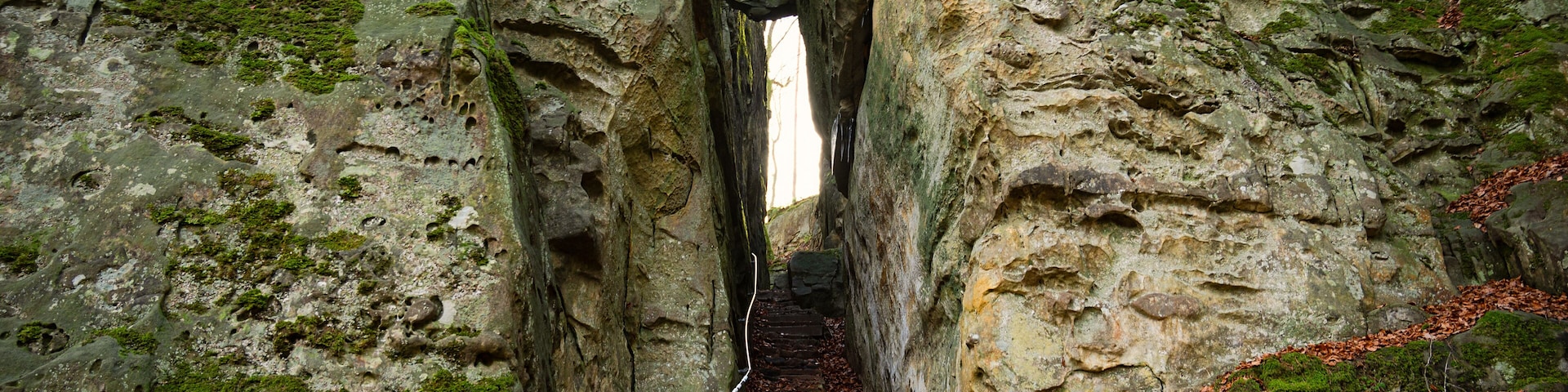 Devil Gorge at the Eifel, Teufelsschlucht with mighty boulders and canyon, hiking trail in Germany, sandstone rock formation, autumn
