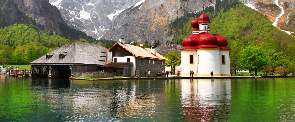 beautiful Alpen scenery -crystal lake Konigsee with small chuch
