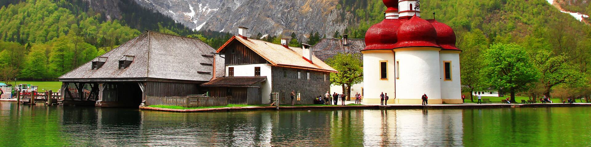 beautiful Alpen scenery -crystal lake Konigsee with small chuch